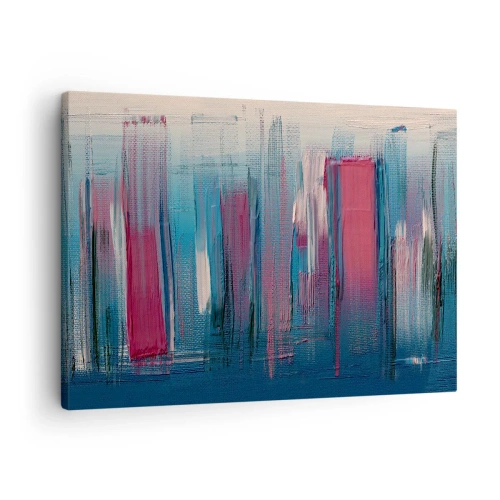 Quadro em tela - Formas verticais abstratas em tons de azul e vermelho - 70x50cm - Composição vertical em azul e vermelho - Decoração de parede moderna para a sala de estar e quarto ARTTOR