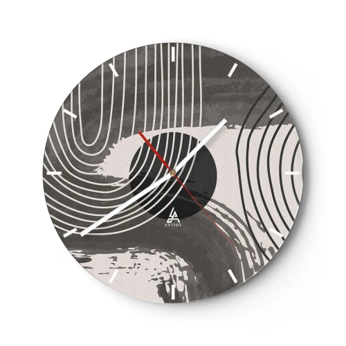 Relógio de parede - Relógio em vidro - Linhas pretas e brancas em um ritmo ondulado ao redor de um círculo preto - 30x30cm - O oval vence - Decoração de parede moderna para a sala de estar, cozinha e quarto ARTTOR