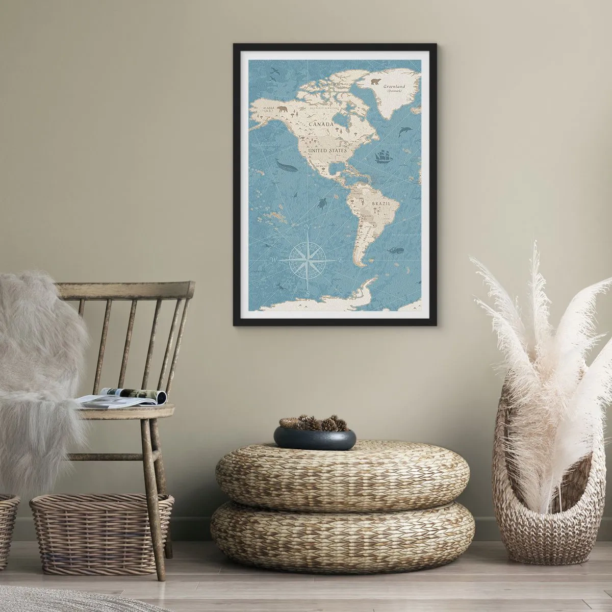 Pôster com moldura preta - Mapa estilizado da América do Norte e do Sul - 50x70cm - O mundo ao seu alcance - Decoração de parede moderna para a sala de estar e quarto ARTTOR