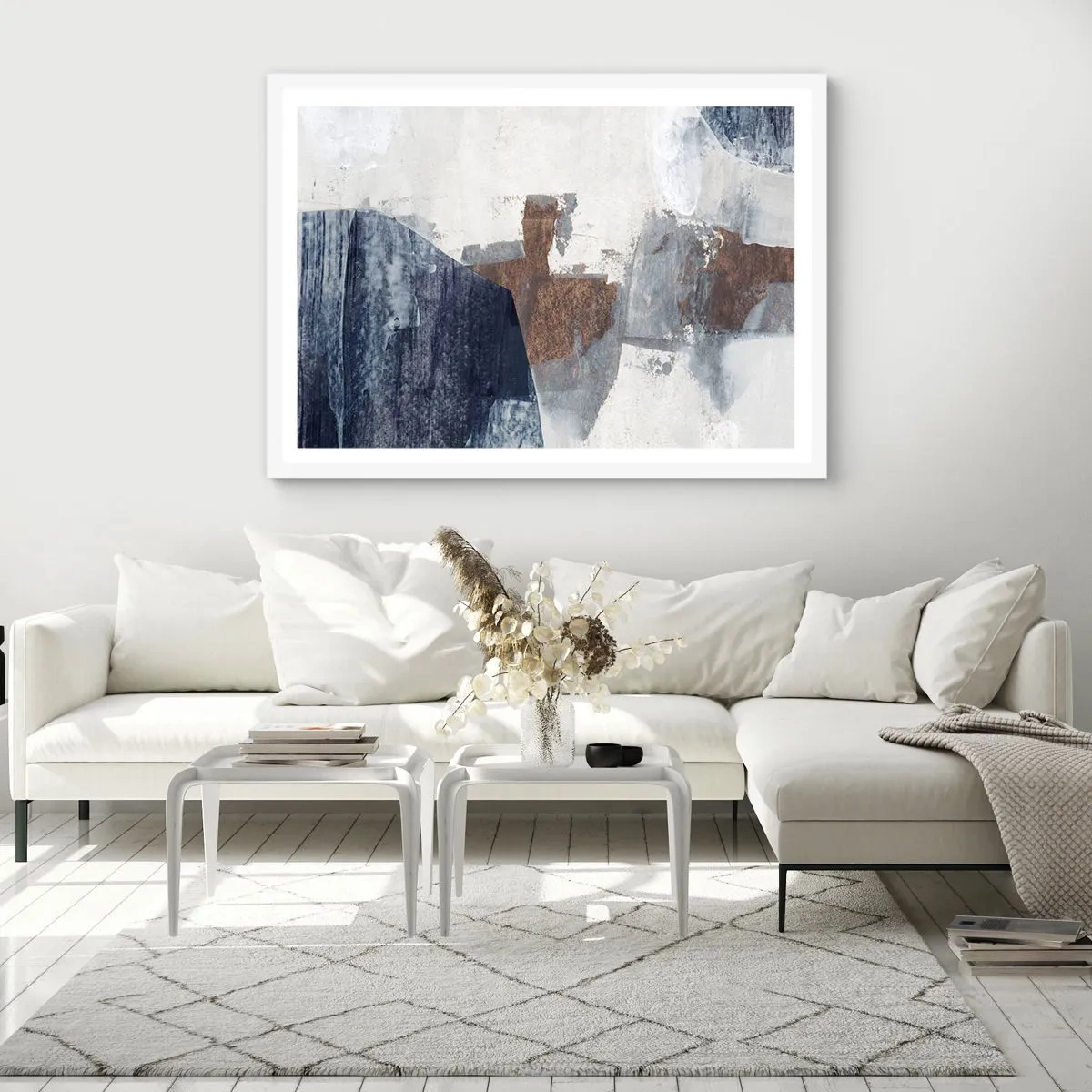 Pôster em moldura branca - Formas azuis e marrons - 70x50 cm