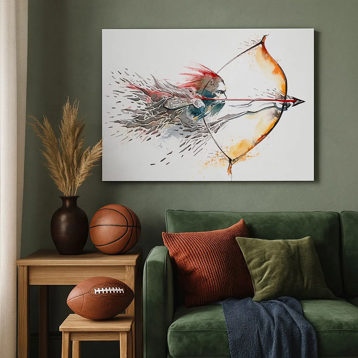 Quadro em tela - Pintura em aquarela dinâmica de um guerreiro com arco e flecha - 70x50cm - Guerreiro mítico com um arco de fogo - Decoração de parede moderna para a sala de estar e quarto ARTTOR