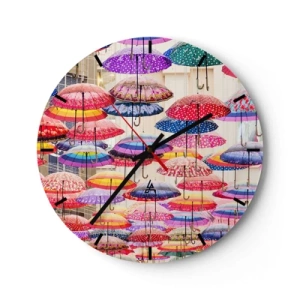 Relógio de parede - Relógio em vidro - Guarda-chuvas coloridos pendurados sobre a rua - 30x30cm - Prado urbano - Decoração de parede moderna para a sala de estar, cozinha e quarto ARTTOR
