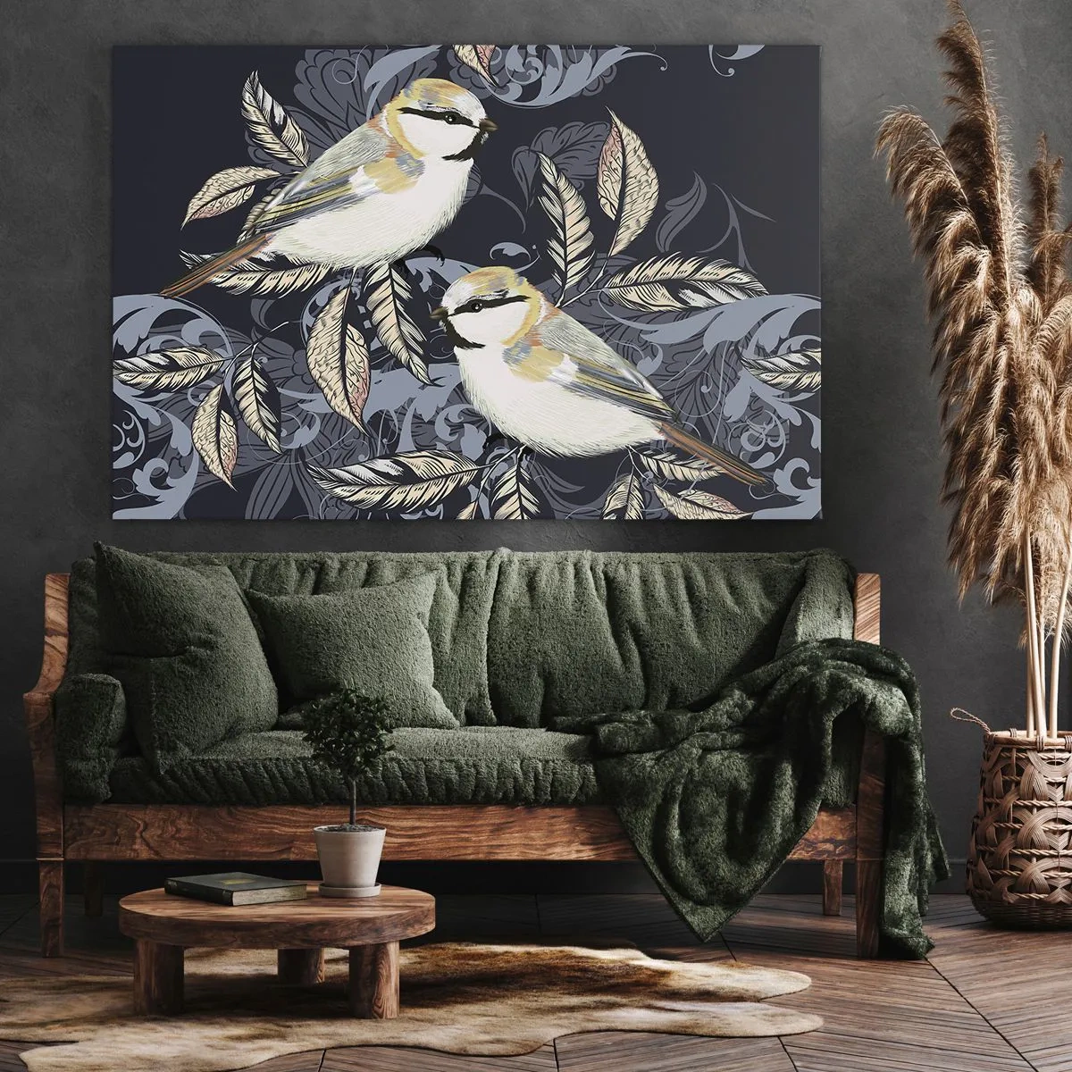 Quadro em tela - Pássaros em galhos em um fundo ornamental - 70x50cm - Canto amarelo-azul - Decoração de parede moderna para a sala de estar e quarto ARTTOR