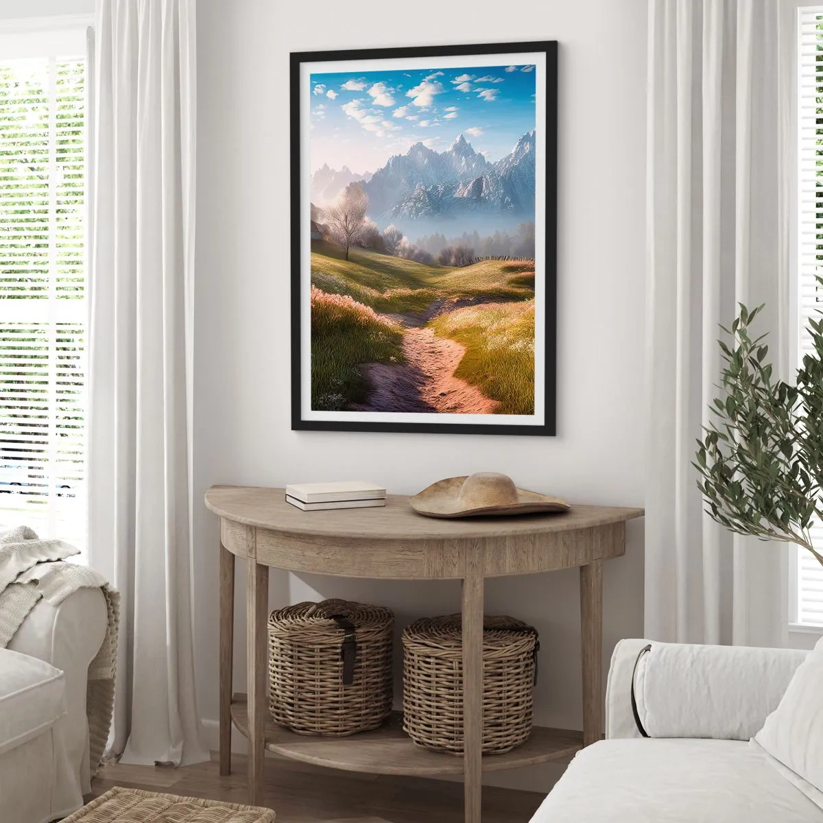 Pôster com moldura preta - Um caminho de montanha que atravessa um vale verde ao nascer do sol - 50x70cm - Vale idílico - Decoração de parede moderna para a sala de estar e quarto ARTTOR