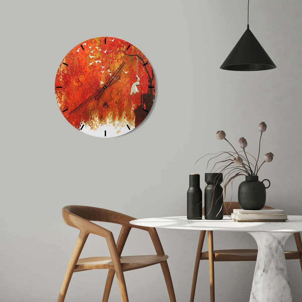 Relógio de parede - Relógio em vidro - Cena de outono com um balanço cercado por folhas douradas e pássaros - 30x30cm - Será que vai voar com eles? - Decoração de parede moderna para a sala de estar, cozinha e quarto ARTTOR