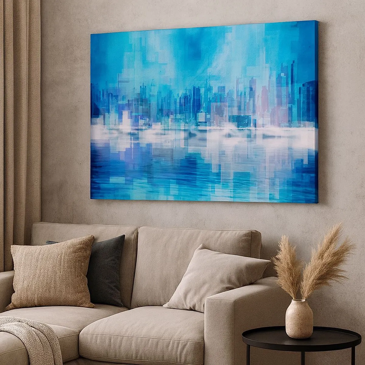 Quadro em tela - Panorama abstrato da cidade em tons de azul - 70x50cm - Imerso em azul - Decoração de parede moderna para a sala de estar e quarto ARTTOR