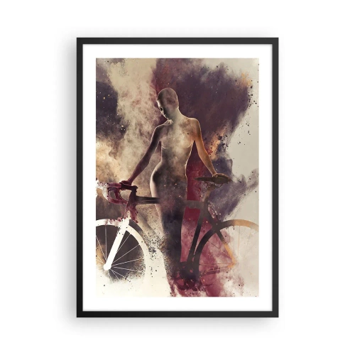 Pôster com moldura preta - Silhueta de uma mulher com uma bicicleta em um fundo artístico e esfumaçado - 50x70cm - Uma alma de bicicleta em formas de mármore - Decoração de parede moderna para a sala de estar e quarto ARTTOR