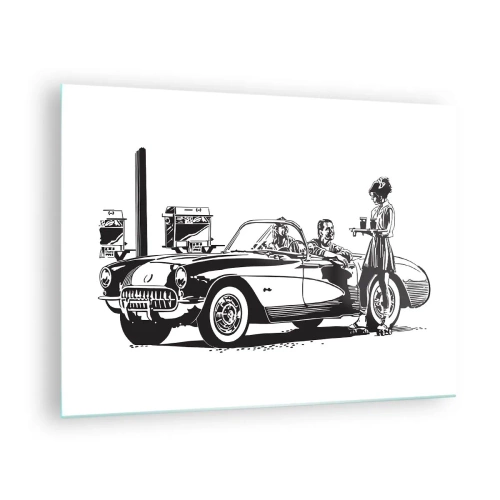 Quadro em vidro - Gráficos criativos com um carro clássico e personagens - 70x50cm - 60º - América Despreocupada - Decoração de parede moderna para a sala de estar e quarto ARTTOR