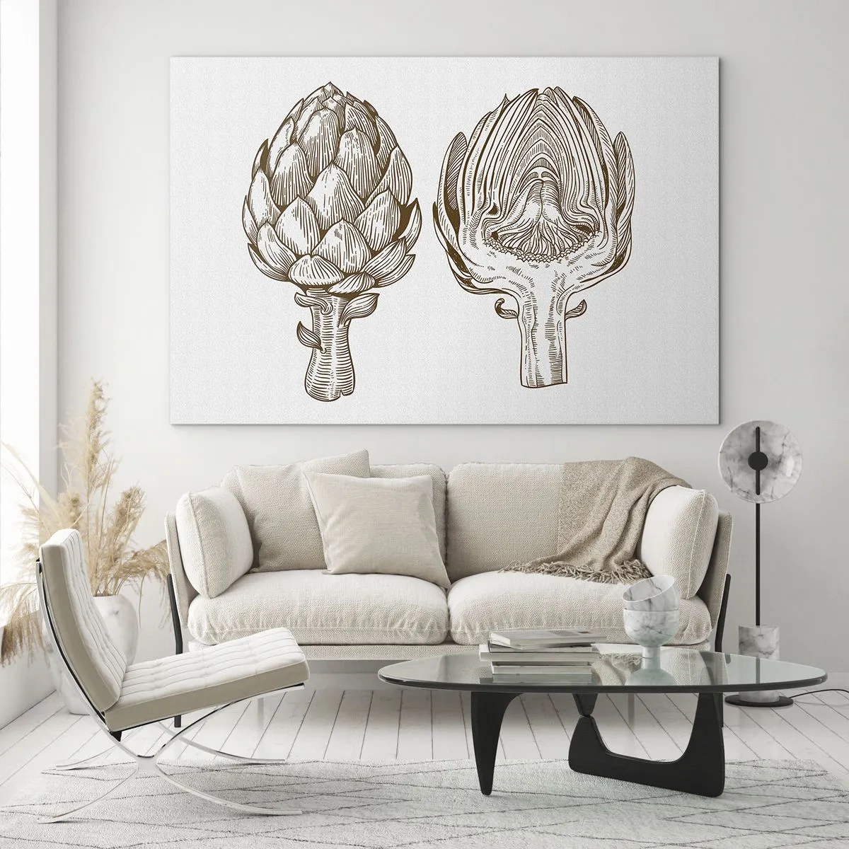 Quadro em vidro - Desenho botânico de uma alcachofra na íntegra e em corte transversal - 70x50cm - Aula de anatomia - Decoração de parede moderna para a sala de estar e quarto ARTTOR