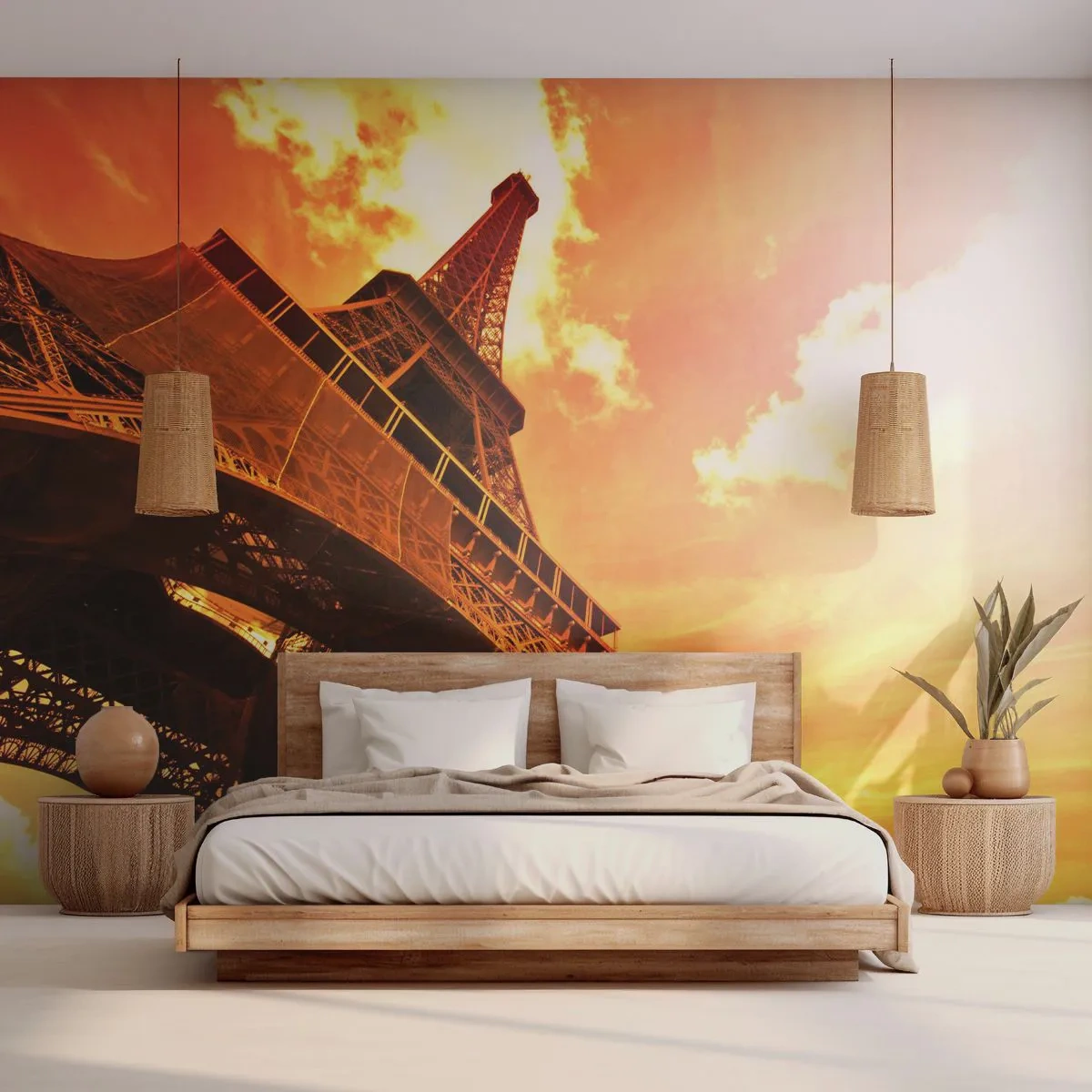 Papel de Parede Premium Sand - Monumental, dourada pelo sol - Cidade, Paris, Torre Eiffel - 400x280 cm