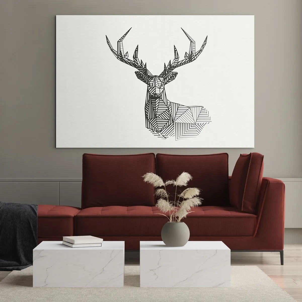 Quadro em vidro - Veado cubista feito de formas geométricas sobre fundo branco - 70x50cm - Veado em estilo cubista - Decoração de parede moderna para a sala de estar e quarto ARTTOR
