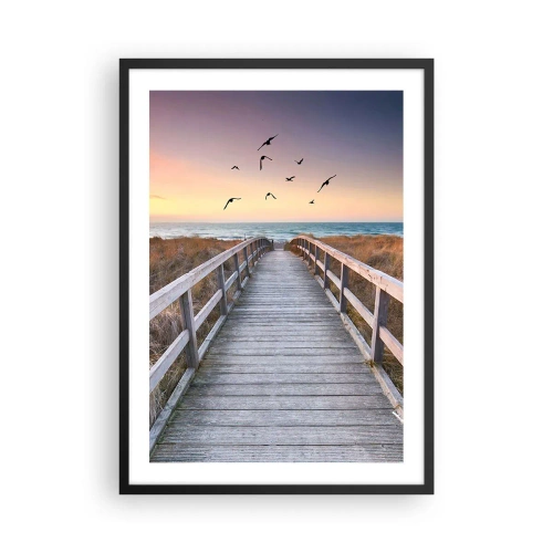 Pôster com moldura preta - Cais de madeira que leva à praia ao pôr do sol - 50x70cm - O espaço das alturas - Decoração de parede moderna para a sala de estar e quarto ARTTOR