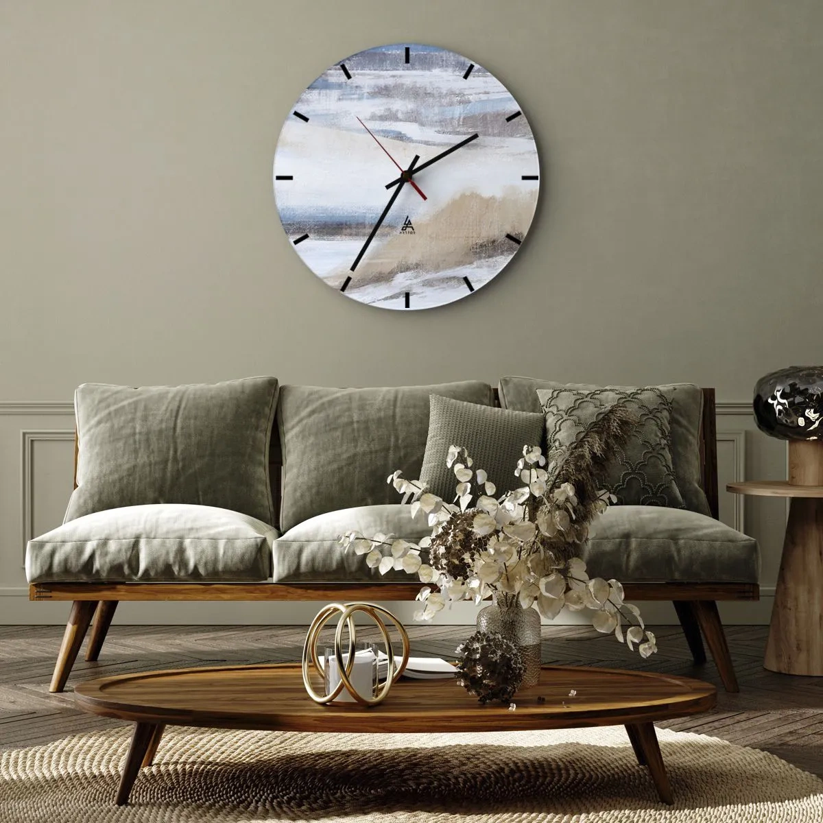 Relógio de parede - Relógio em vidro - Paisagem de inverno em tons de azul, bege e branco - 30x30cm - Composição de inverno - Decoração de parede moderna para a sala de estar, cozinha e quarto ARTTOR
