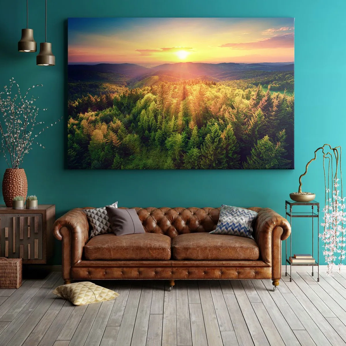 Quadro em tela - Paisagem florestal com pôr do sol sobre as colinas - 70x50cm - Picos e cumes - Decoração de parede moderna para a sala de estar e quarto ARTTOR