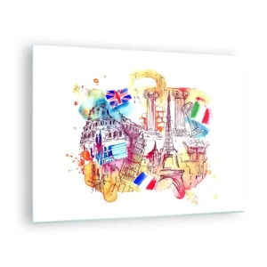 Quadro em vidro - Aquarela de monumentos europeus com bandeiras de países - 70x50cm - Tournée europeia - Decoração de parede moderna para a sala de estar e quarto ARTTOR