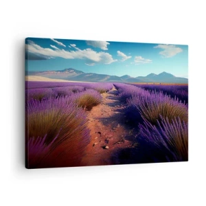 Quadro em tela - Um campo de lavanda com vista para as montanhas e o céu azul - 70x50cm - Campos perfumados - Decoração de parede moderna para a sala de estar e quarto ARTTOR