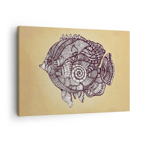 Quadro em tela - Peixe decorativo em estilo de desenho com padrões - 70x50cm - De um oceano de enfeites - Decoração de parede moderna para a sala de estar e quarto ARTTOR