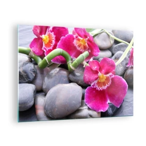 Quadro em vidro - Orquídeas rosas com bambu em pedras - 70x50cm - Frio e calor - Decoração de parede moderna para a sala de estar e quarto ARTTOR