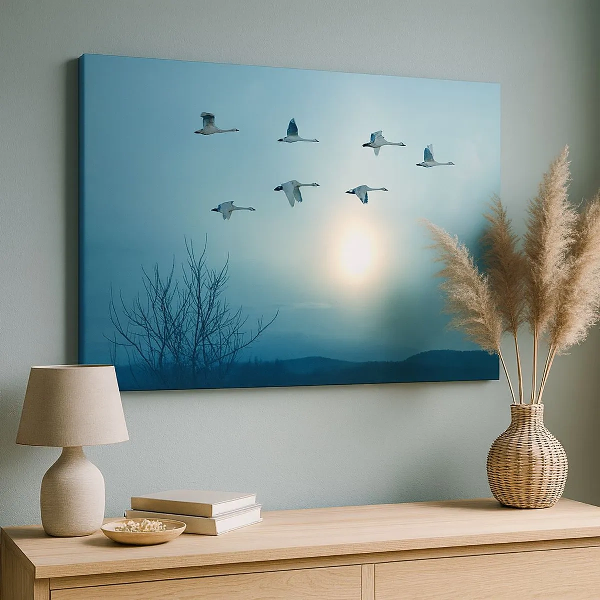 Quadro em tela - Cisnes voadores pela manhã - 70x50cm - Adeus verão, até o ano que vem - Decoração de parede moderna para a sala de estar e quarto ARTTOR