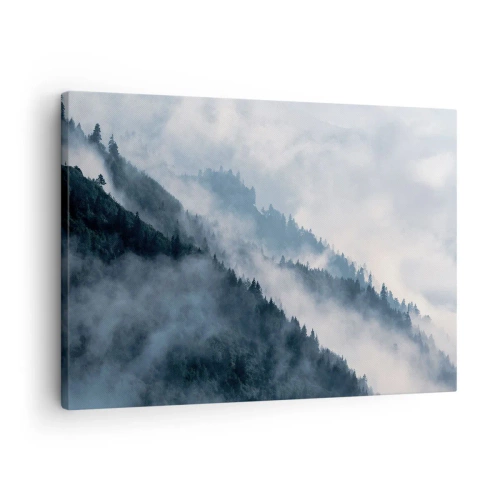 Quadro em tela - neblina paira sobre as encostas florestadas das montanhas em uma paisagem misteriosa - 70x50cm - Misticismo das montanhas - Decoração de parede moderna para a sala de estar e quarto ARTTOR