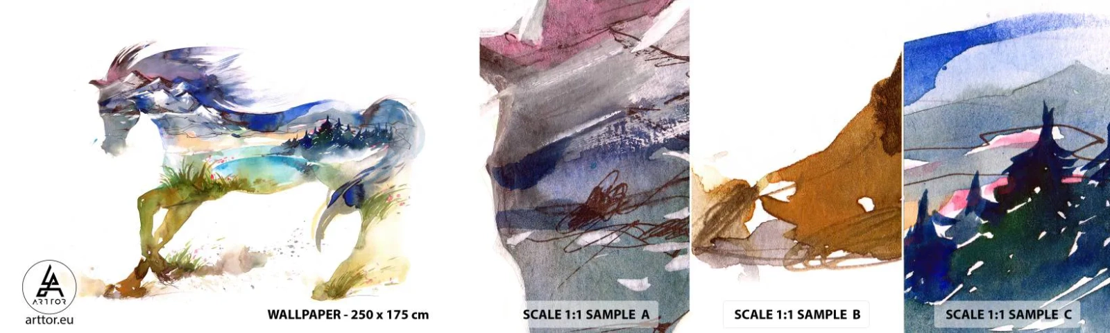 Amostra de papel de parede autocolante Deluxe Sticker - Do prado direto para o céu - Cavalo, Abstração, Paisagem - 100x30 cm