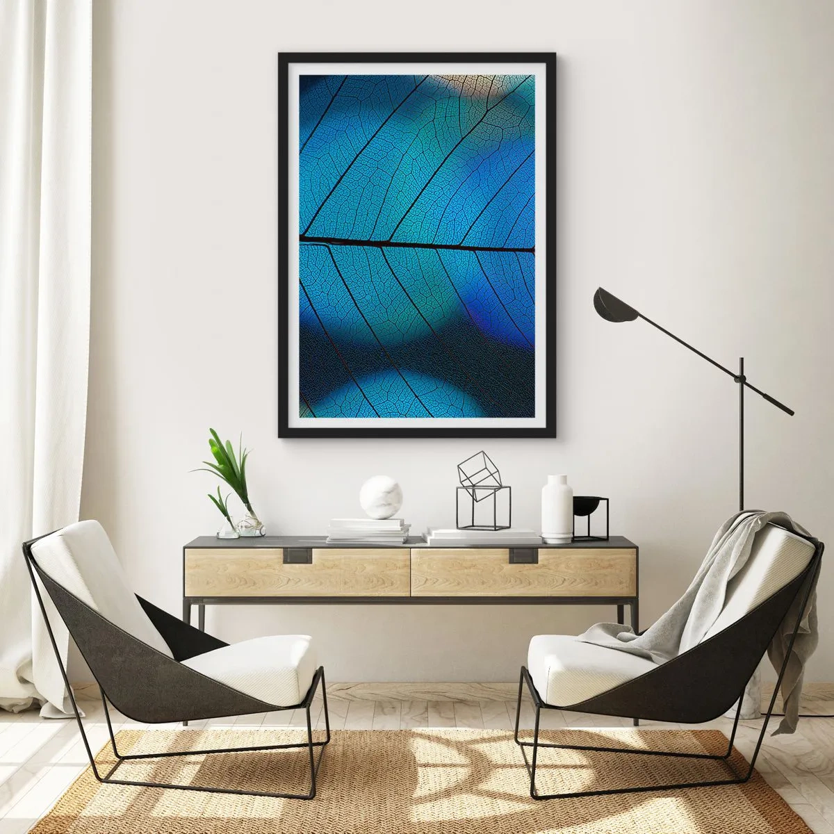 Pôster com moldura preta - Close-up de uma folha azul com nervuras proeminentes - 50x70cm - Construção complexa - Decoração de parede moderna para a sala de estar e quarto ARTTOR
