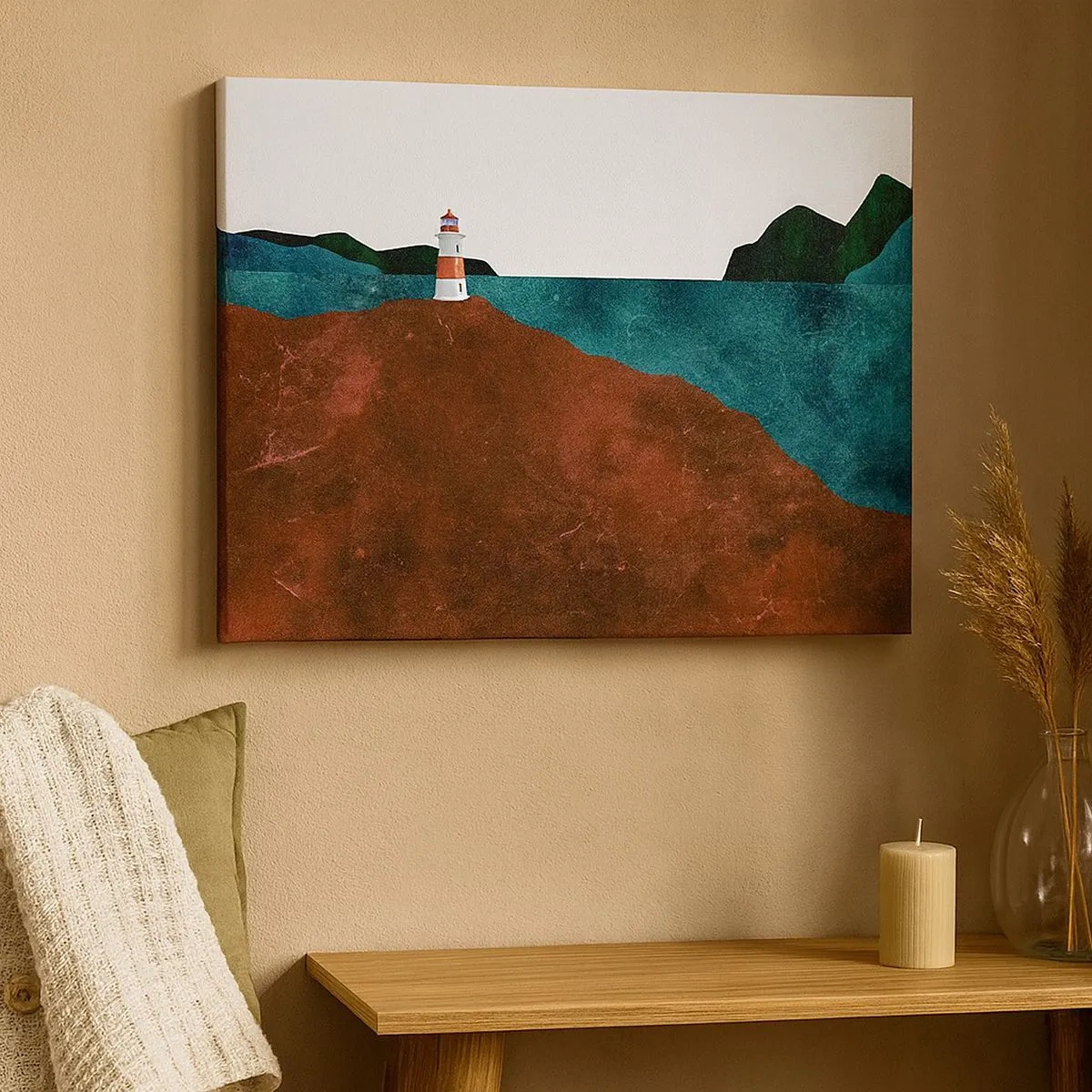 Quadro em tela - Um farol com o cenário de montanhas e mar - 70x50cm - Olhando para o mar - Decoração de parede moderna para a sala de estar e quarto ARTTOR