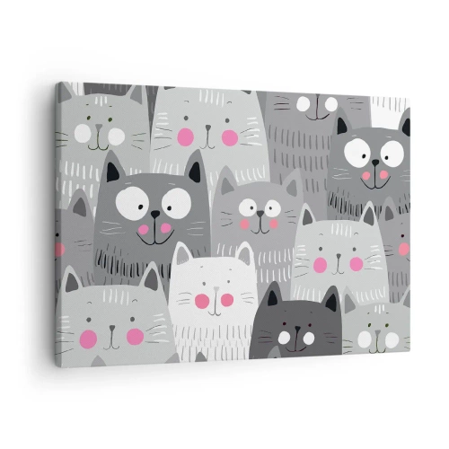 Quadro em tela - Um padrão divertido com gatos em tons de cinza - 70x50cm - O mundo dos gatos - Decoração de parede moderna para a sala de estar e quarto ARTTOR