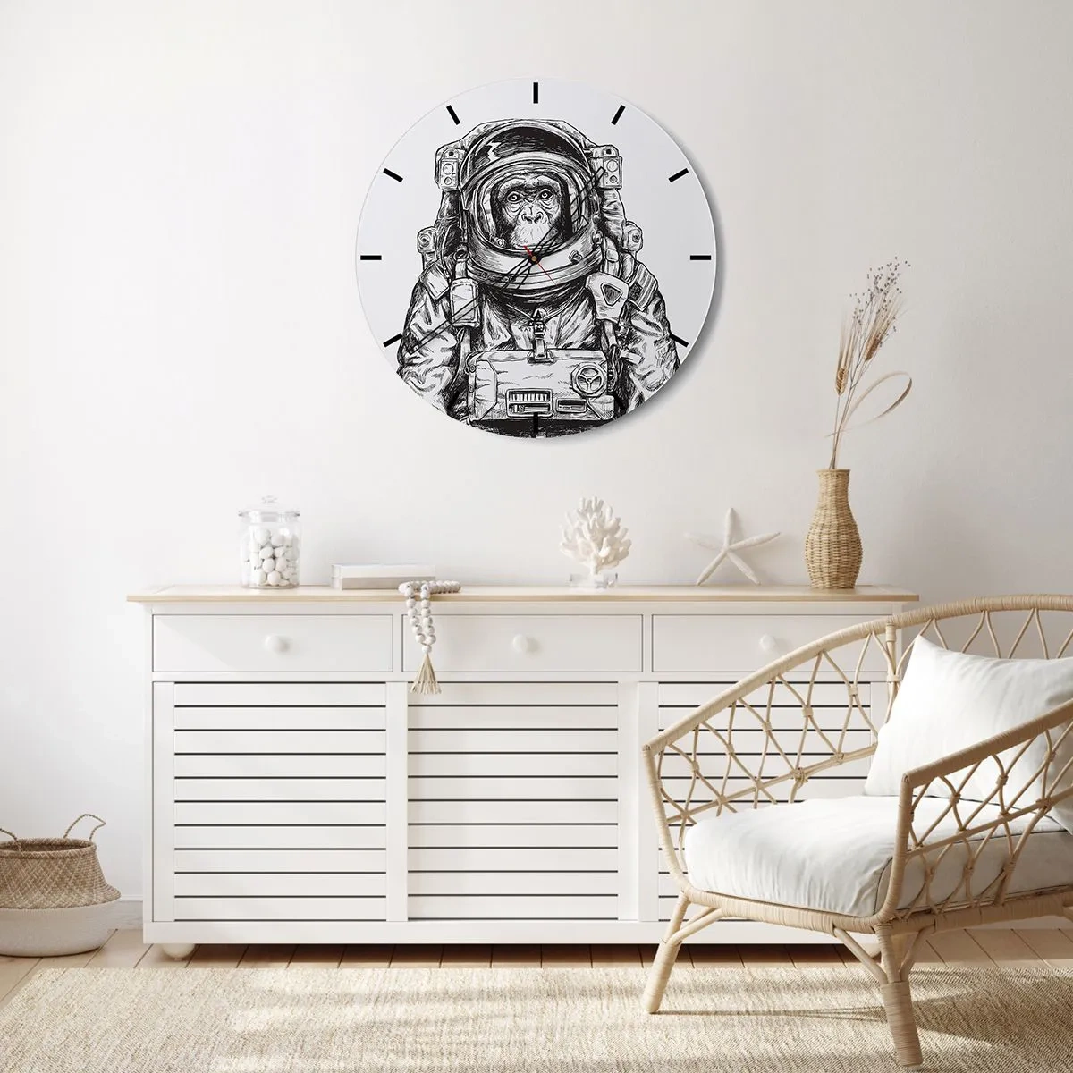 Relógio de parede - Relógio em vidro - Um esboço em preto e branco de um macaco astronauta. - 30x30cm - Evolução alternativa - Decoração de parede moderna para a sala de estar, cozinha e quarto ARTTOR