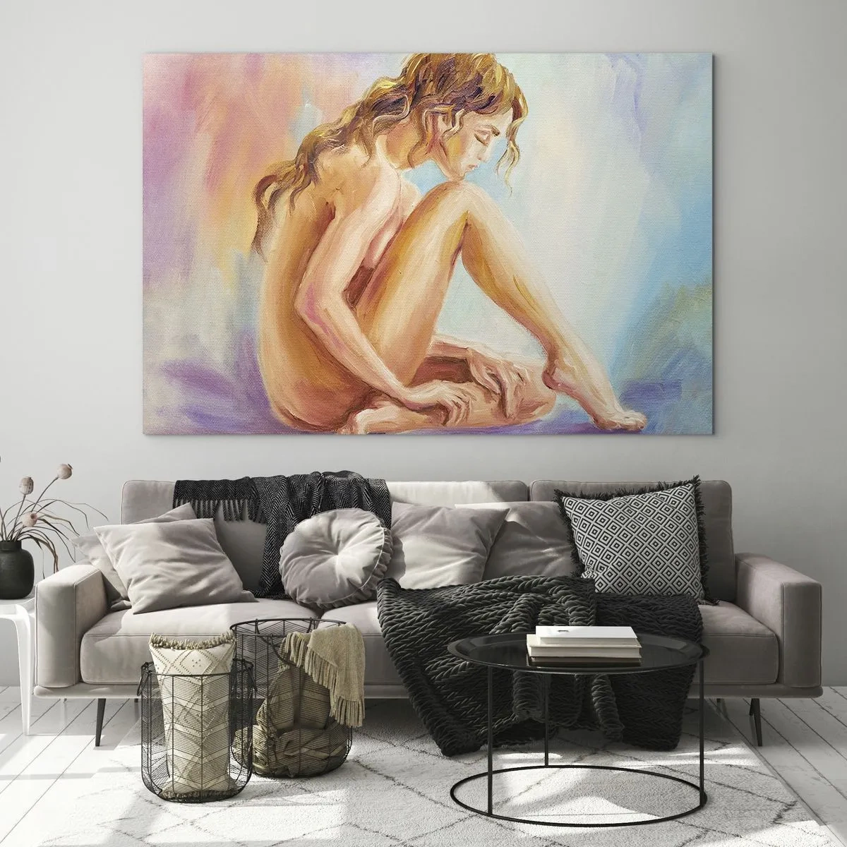 Quadro em vidro - Uma mulher em reflexo sutil contra um fundo de cores pastéis - 70x50cm - Ato de juventude - Decoração de parede moderna para a sala de estar e quarto ARTTOR