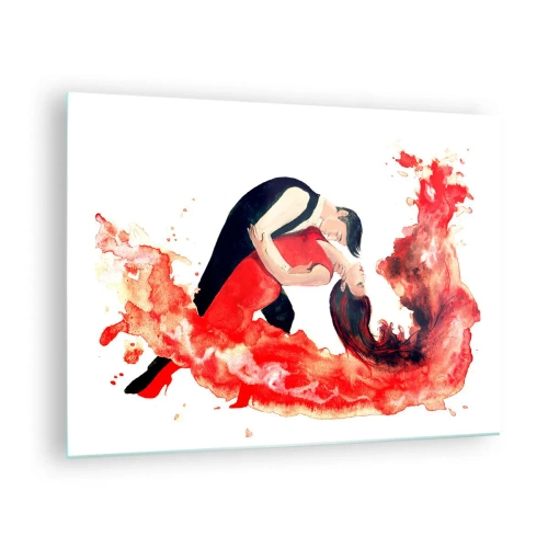 Quadro em vidro - Um casal dançando em uma composição dinâmica de aquarela vermelha - 70x50cm - Tango - uma onda sensual - Decoração de parede moderna para a sala de estar e quarto ARTTOR