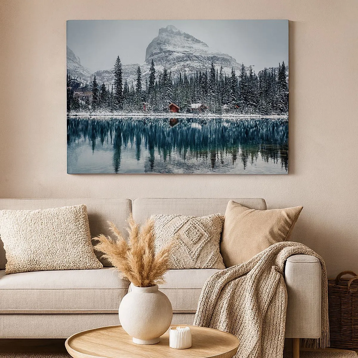 Quadro em tela - Paisagem de inverno com casas de campo na floresta perto de um lago congelado - 70x50cm - Retiro canadense - Decoração de parede moderna para a sala de estar e quarto ARTTOR