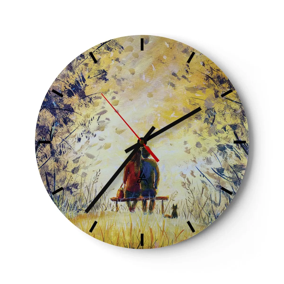 Relógio de parede - Relógio em vidro - Um casal sentado em um banco sob a luz dourada da natureza - 30x30cm - Um momento mágico - Decoração de parede moderna para a sala de estar, cozinha e quarto ARTTOR
