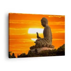 Quadro em tela - Uma estátua budista tendo como pano de fundo um pôr do sol laranja - 70x50cm - Sem medo do mundo - Decoração de parede moderna para a sala de estar e quarto ARTTOR