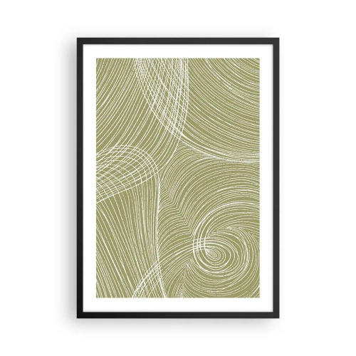 Pôster com moldura preta - Uma composição abstrata em tons de verde com linhas dinâmicas. - 50x70cm - Abstração intrincada em branco - Decoração de parede moderna para a sala de estar e quarto ARTTOR