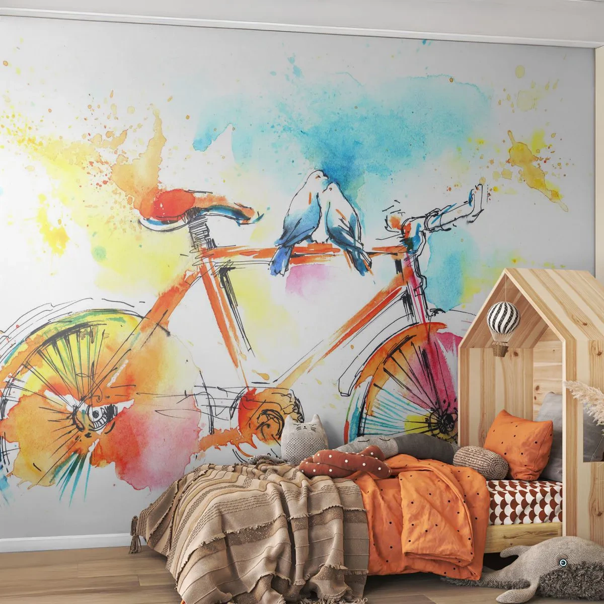 Papel de Parede Premium Canvas - A dois na bicicleta - Abstração, Bicicleta, Pássaros - 500x350 cm