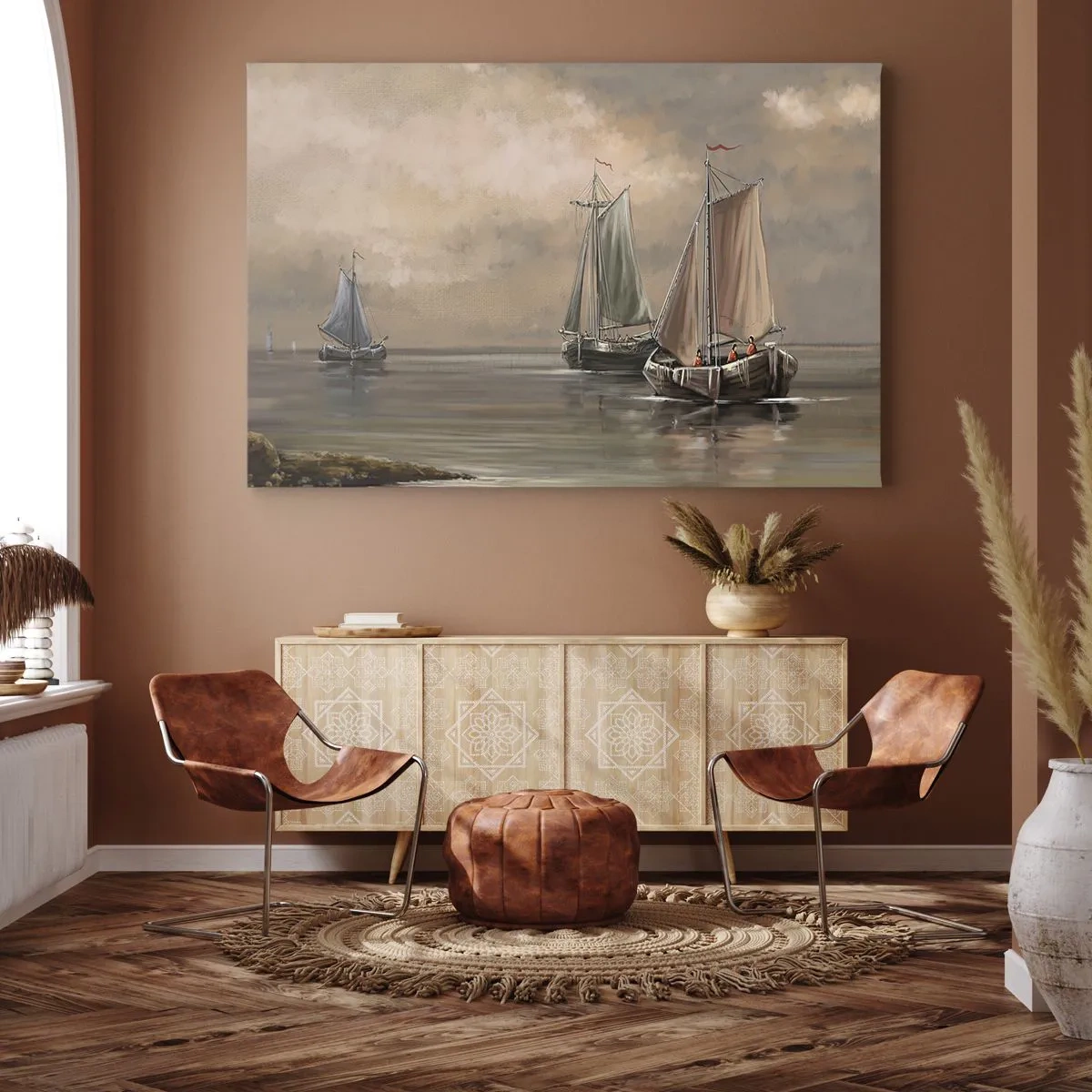 Quadro em tela - Veleiros em mar calmo em ambiente pastel - 70x50cm - Regresso dos marinheiros - Decoração de parede moderna para a sala de estar e quarto ARTTOR