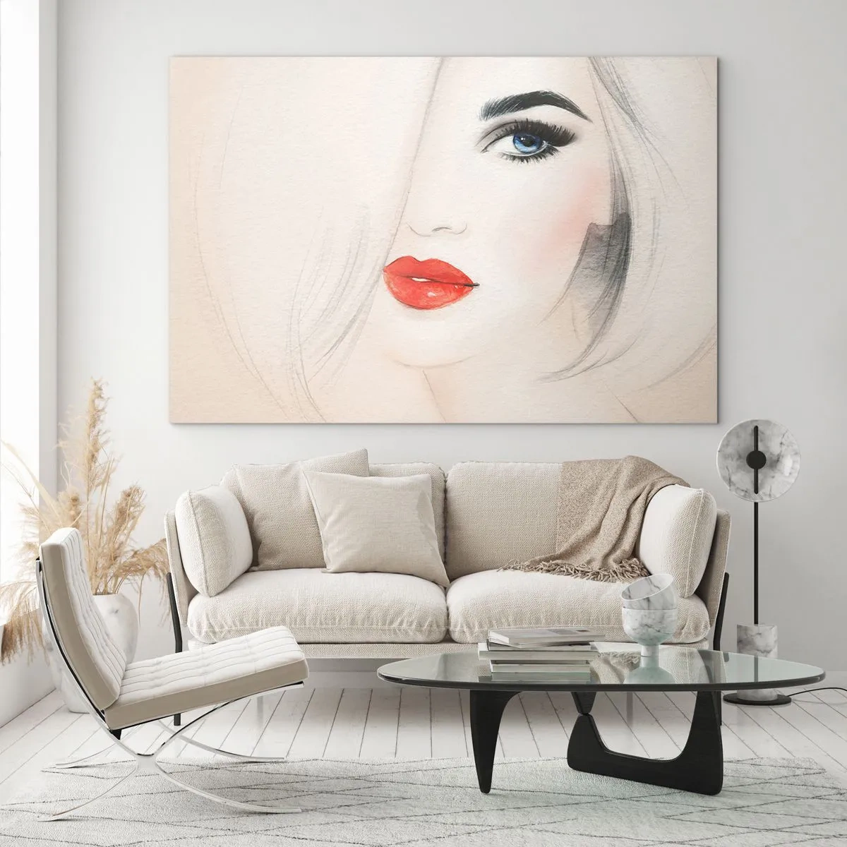 Quadro em vidro - Retrato de uma mulher com cabelos claros, lábios vermelhos e olhos azuis - 70x50cm - Hipnotiza e intoxica - Decoração de parede moderna para a sala de estar e quarto ARTTOR