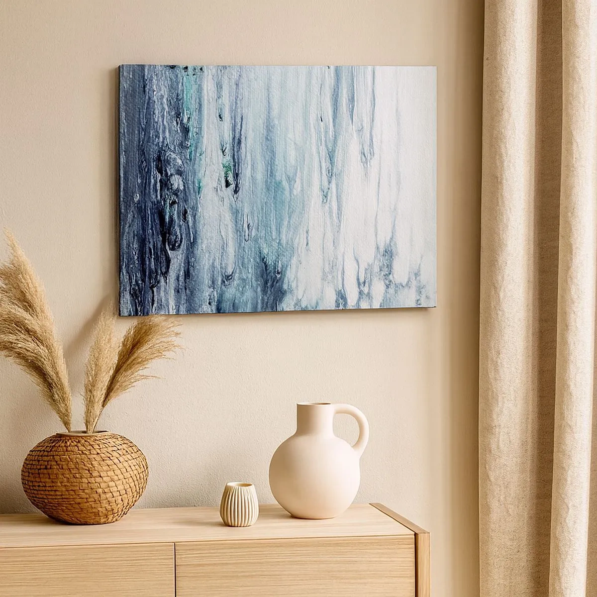 Quadro em tela - Listras azuis e brancas abstratas que lembram pingentes de gelo - 70x50cm - Estalactites em azul - Decoração de parede moderna para a sala de estar e quarto ARTTOR