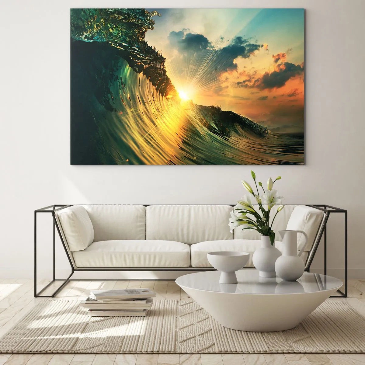Quadro em vidro - O pôr do sol iluminando as ondas do oceano - 70x50cm - Surfer, onde está? - Decoração de parede moderna para a sala de estar e quarto ARTTOR