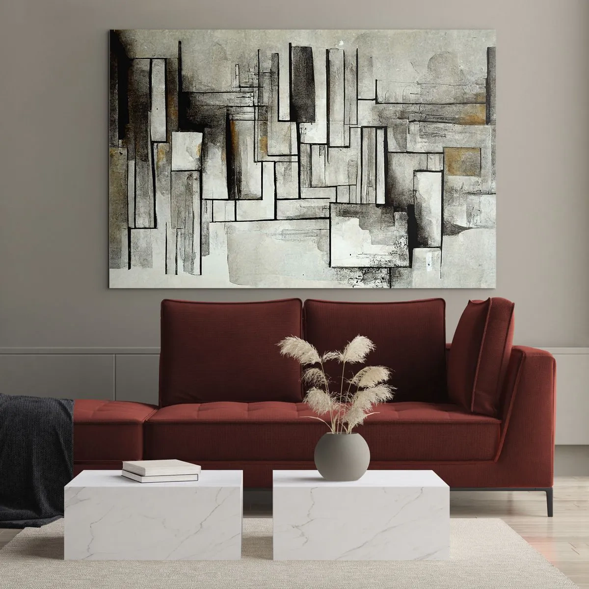Quadro em vidro - Composição geométrica de retângulos em tons de cinza suaves - 70x50cm - O poder da simplicidade - Decoração de parede moderna para a sala de estar e quarto ARTTOR
