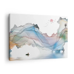 Quadro em tela - Uma paisagem sutil com montanhas, água e um barco - 70x50cm - Em direção às montanhas de cristal - Decoração de parede moderna para a sala de estar e quarto ARTTOR