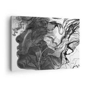 Quadro em tela - Rosto abstrato em preto e branco com linhas dinâmicas. - 70x50cm - Entrelaçados em sonhos - Decoração de parede moderna para a sala de estar e quarto ARTTOR