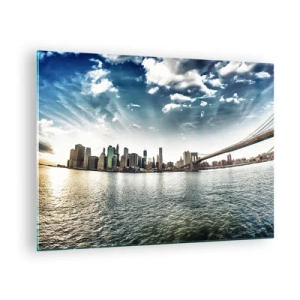 Quadro em vidro - Panorama da cidade de Nova York com a Ponte do Brooklyn - 70x50cm - Ilha de Vidro - Decoração de parede moderna para a sala de estar e quarto ARTTOR