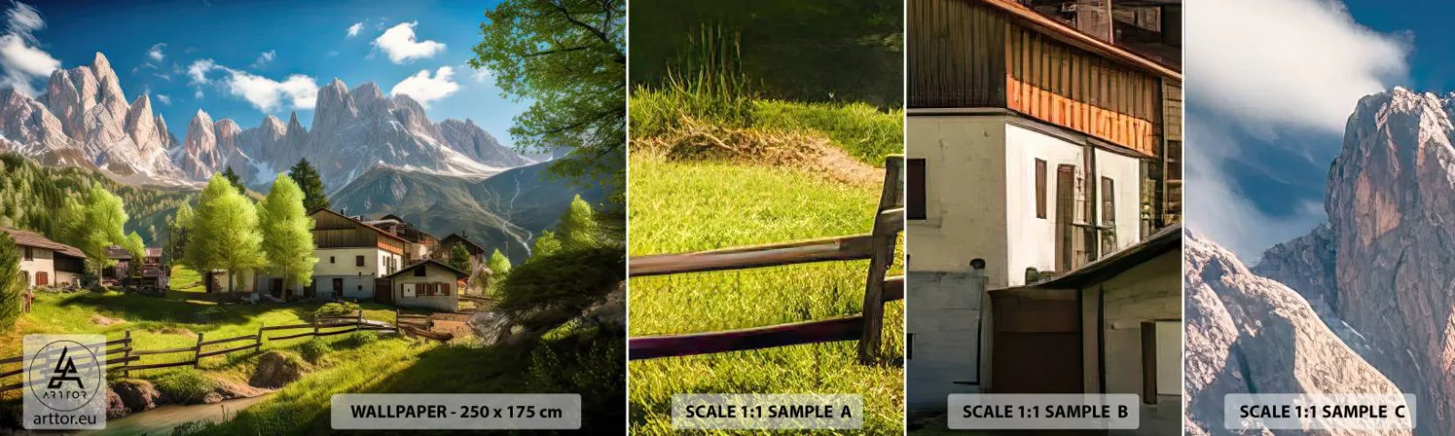 Amostra de papel de parede autocolante Deluxe Sticker - Idílio alpino - Montanhas, Paisagem, Alpes - 100x30 cm