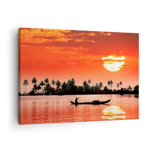 Quadro em tela - Pôr do sol tropical com um barco e palmeiras ao fundo - 70x50cm - A calma dos trópicos ao pôr do sol - Decoração de parede moderna para a sala de estar e quarto ARTTOR
