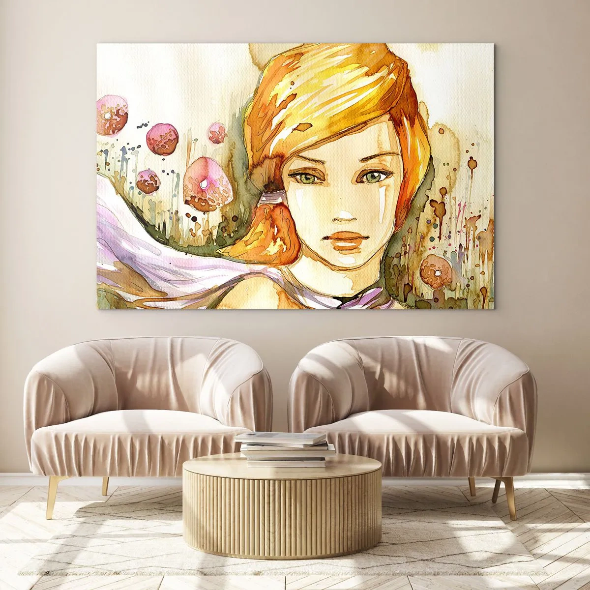 Quadro em vidro - Retrato de uma mulher em estilo aquarela com abstração - 70x50cm - Um olhar esmeralda que acalma a raiva - Decoração de parede moderna para a sala de estar e quarto ARTTOR