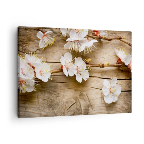 Quadro em tela - Galhos de cerejeiras em flor sobre um fundo de tábua de madeira - 70x50cm - E a primavera chegou - Decoração de parede moderna para a sala de estar e quarto ARTTOR