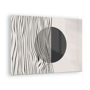 Quadro em vidro - Ondas pretas e um círculo em um fundo bege - 70x50cm - Composição da metade - Decoração de parede moderna para a sala de estar e quarto ARTTOR