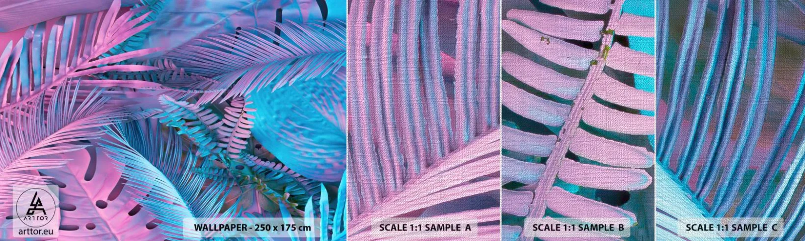 Amostra de papel de parede Premium Canvas - Trópicos em rosa e azul - Abstração, Folhas, Planta tropical - 100x30 cm